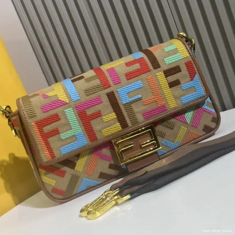 Affordable Fendi Baguette Medium In FF Canvas Motif Multi Beige Bag 0519